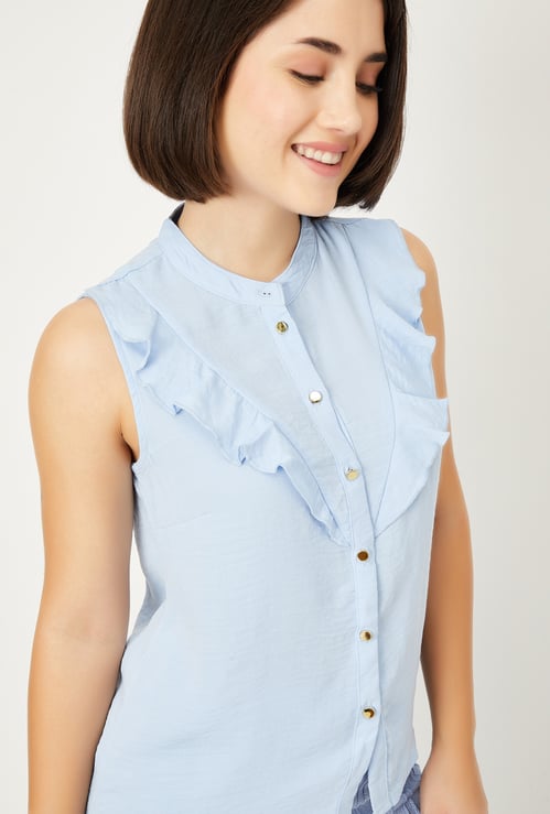 Women Solid Ruffles Shirt-style Top
