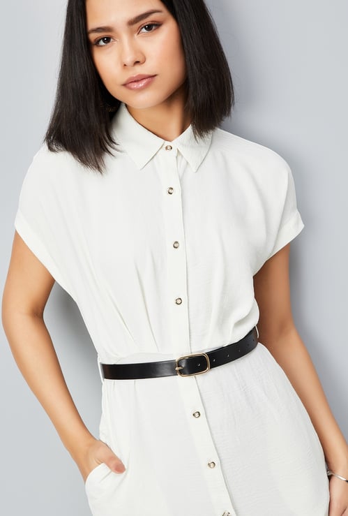 Women Solid Belted Shirt Dress