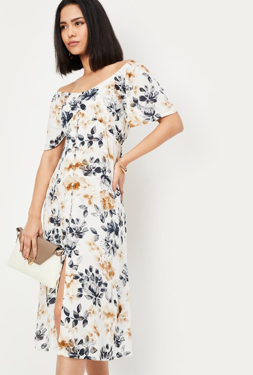 Women Solid Off-shoulder Midi Dress