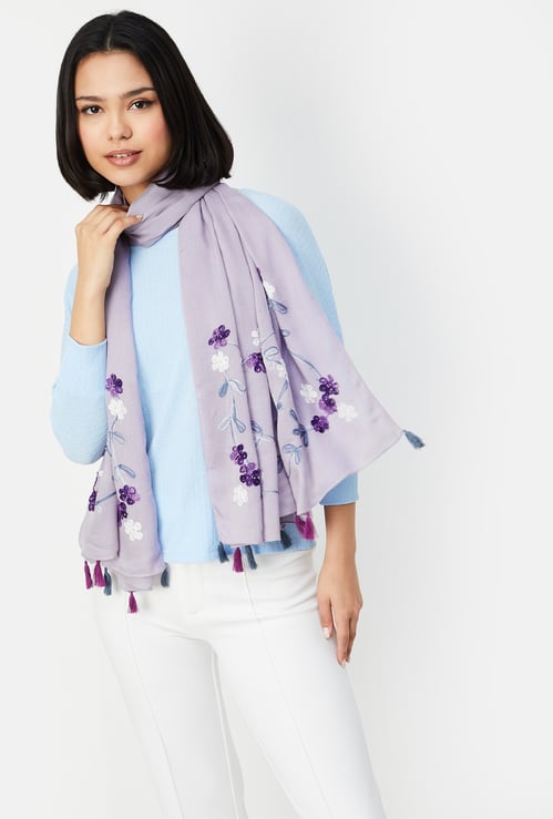 Women Floral Print Scarf with Tassels