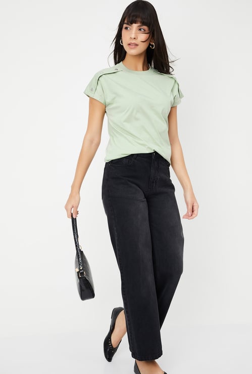 Women Solid Top with Button Tabs