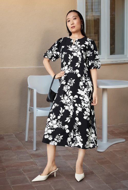 Women Floral Print A-line Midi Dress