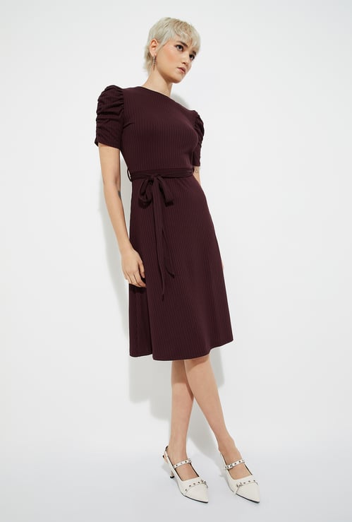 URB_N Women Ribbed Fit & Flare Belted Dress