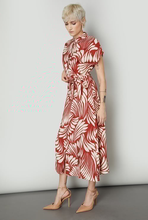 Women Printed Shirt Style Dress with Belt