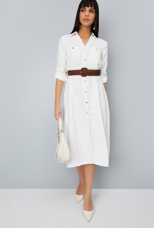 Women Solid Shirt Midi Dress with Belt
