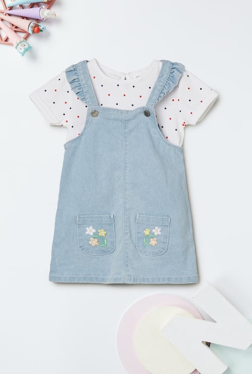 Girls Embroidered Dungaree Dress with T-shirt