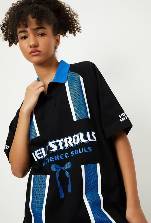 Women Striped Oversized Sports Polo T-shirt