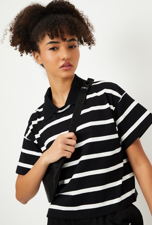 Women Striped Boxy Fit Crop Polo T-shirt