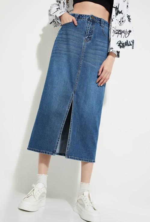 ALAYA F x URB_N Whiskered Denim Midi Skirt