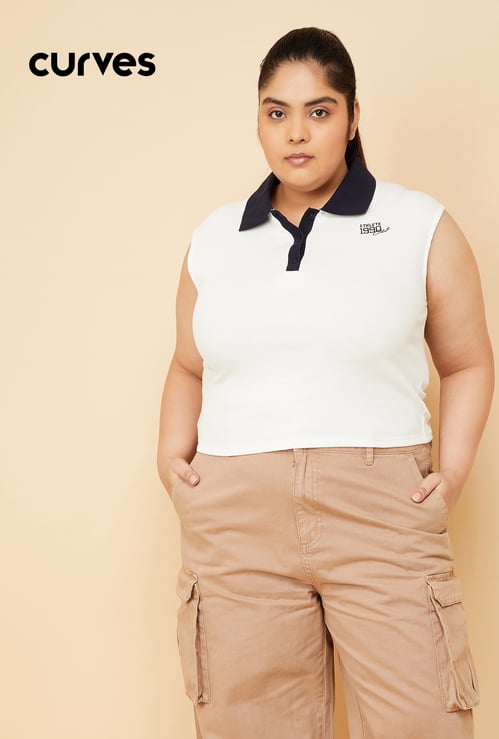 Women Contrast Polo Collar T-shirt