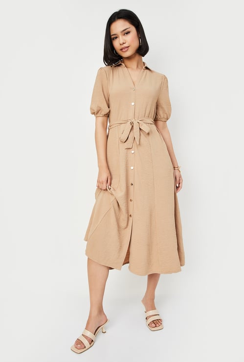 Women Textured Belted Midi Dress