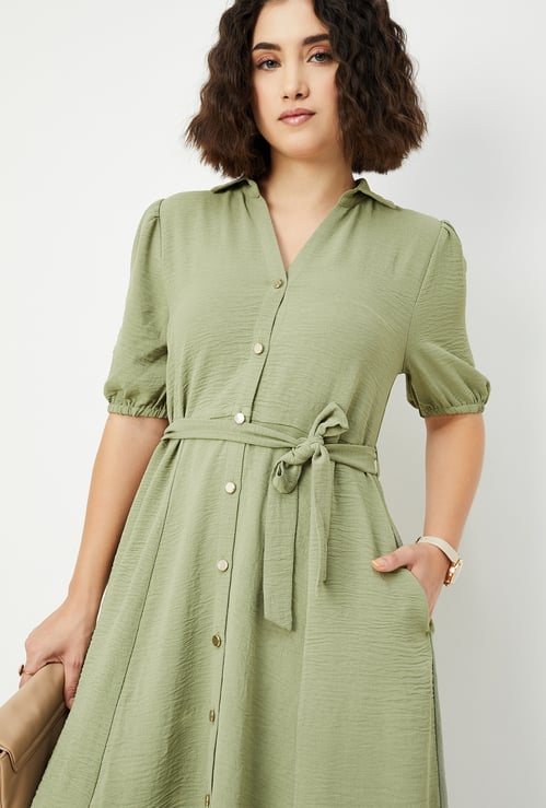 Women Textured Belted Midi Dress