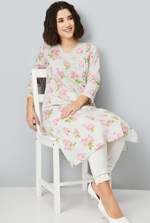 Women Floral Print Straight Kurta with Pleated Detail