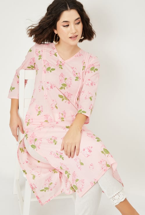 Women Floral Print Straight Kurta with Pleated Detail