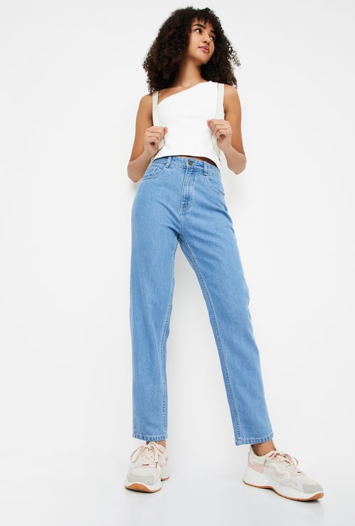 Women Washed Mom Fit Jeans