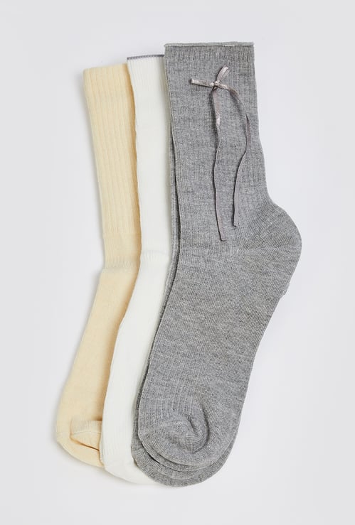 Women Ribbed Calf Length Socks with Bow - Pack of 3