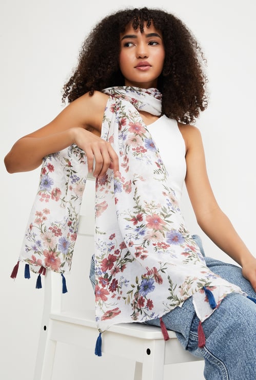 Women Floral Print Scarf with Tassels
