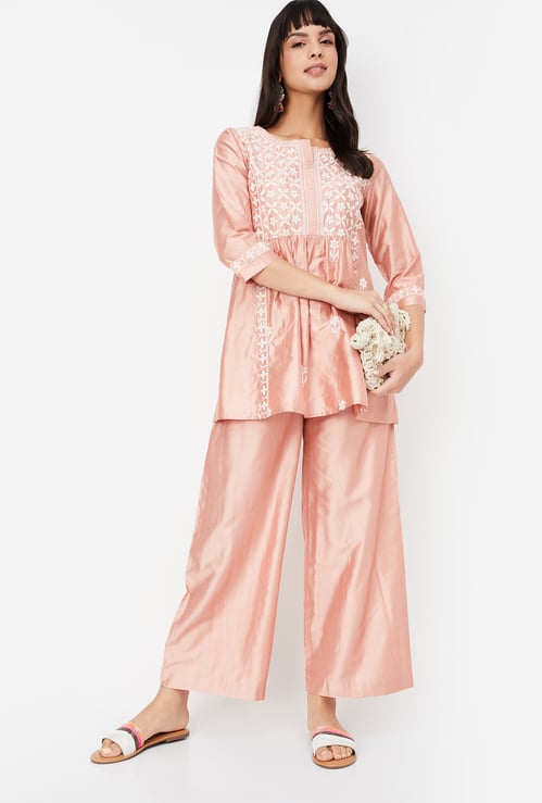 Women Embroidered A-line Kurti Set