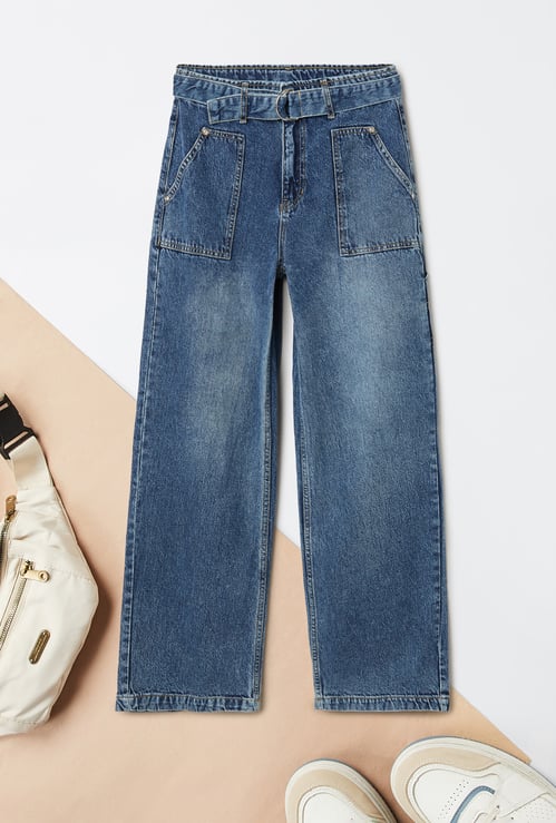 Girls Washed Belted Slim Fit Jeans