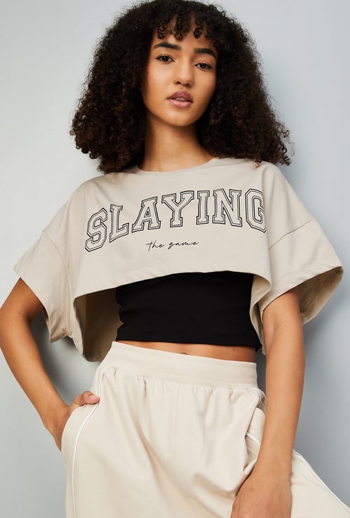 Women Striped Sports Crop Top with Camisole