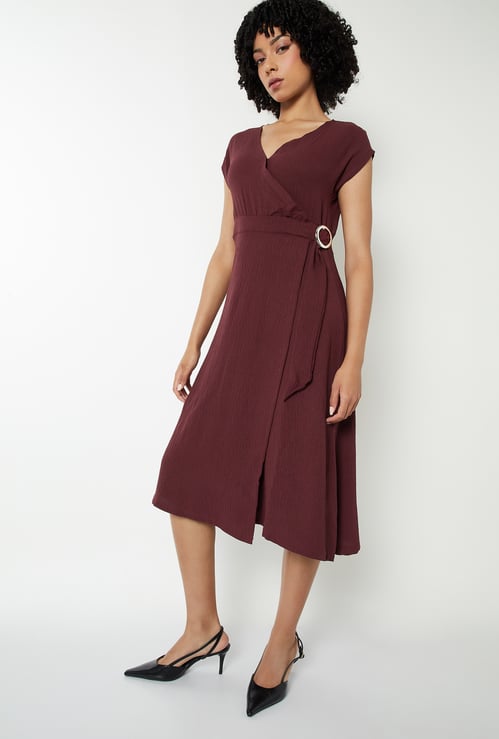 Women Solid Wrap Midi Dress