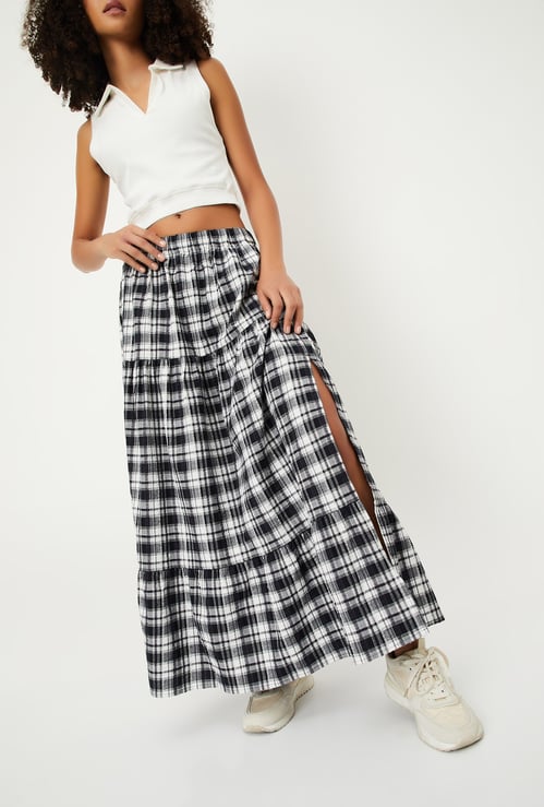 ALAYA F x URB_N Women Checked Slit Tiered Skirt