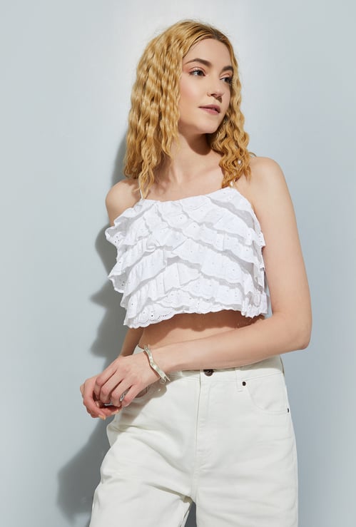 URB_N Women Schiffli Ruffled Crop Top
