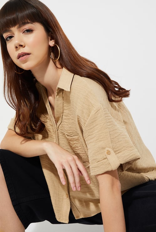 URB_N Women Textured Boxy Fit Crop Shirt