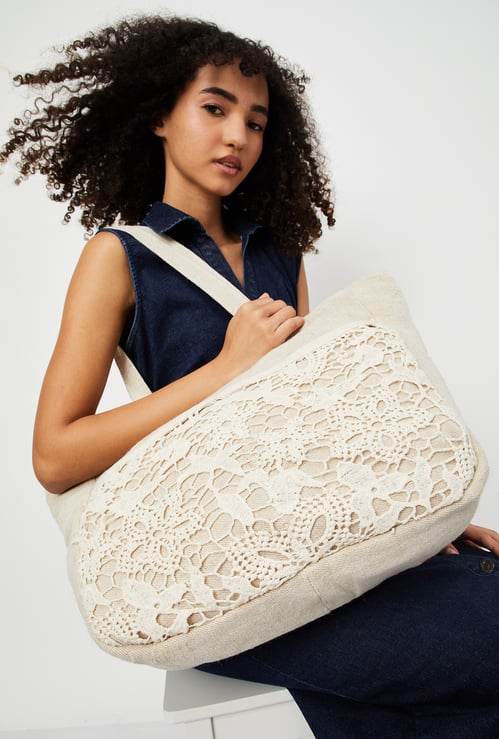 Women Lace Panel Tote Bag