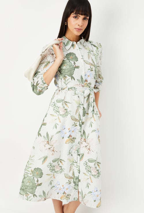 Women Floral Schiffli Midi Dress