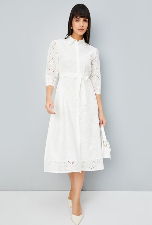 Women Schiffli Embroidered Shirt Dress with Belt