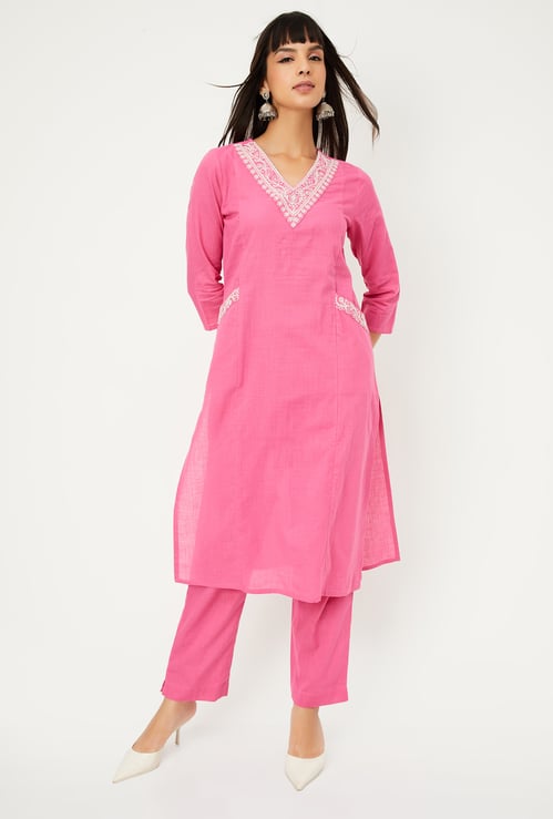 Women Embroidered Straight Kurta Set