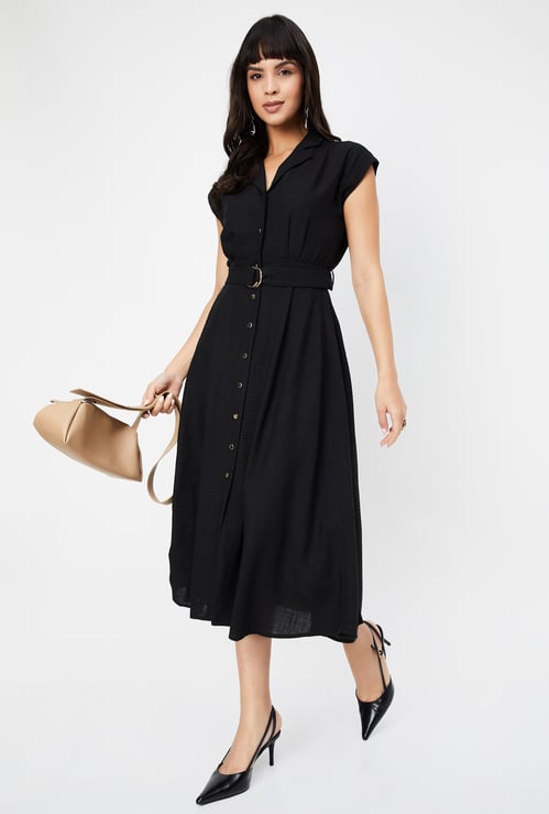 Women Solid A-line Belted Dress