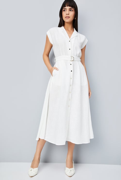 Women Solid A-line Belted Dress