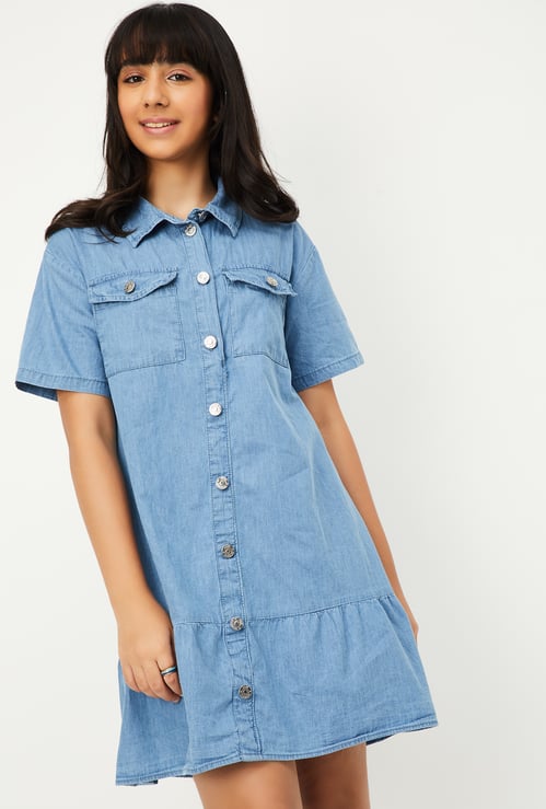 Girls Solid Denim Dress