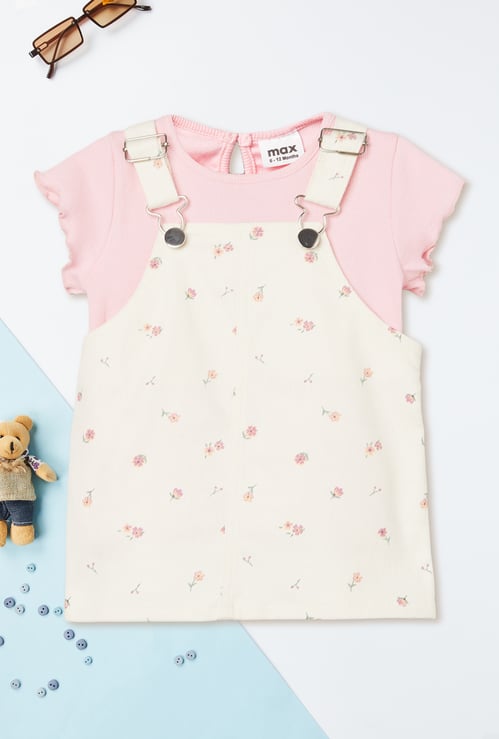 Girls Printed Pinafore Dress with T-shirt