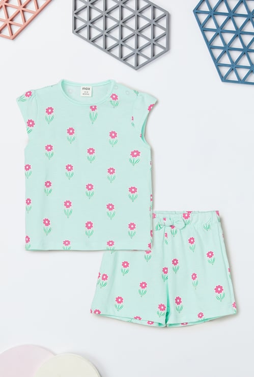 Girls Floral Print Shorts Set