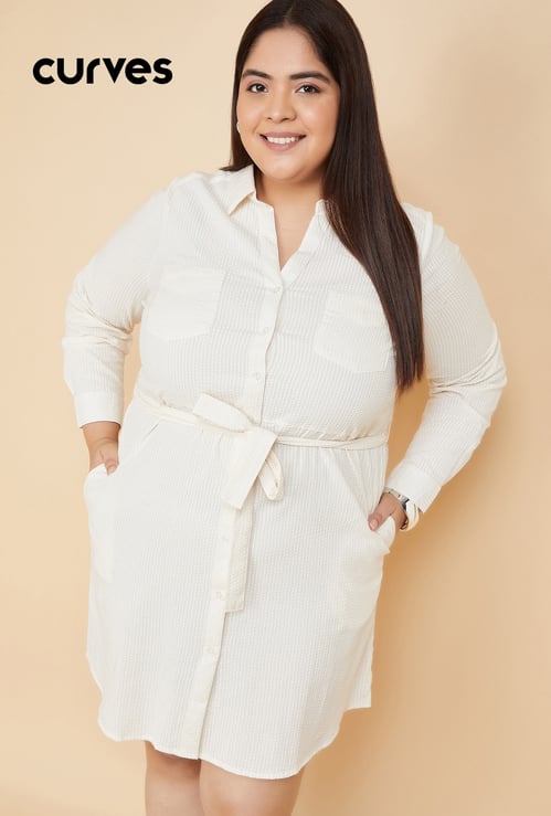 Women Seersucker Belted Shirt Dress