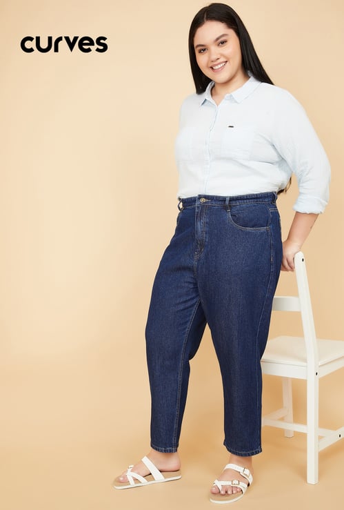 Women Washed High Rise Mom Fit Jeans