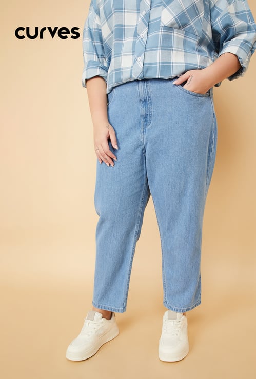 Women Washed High Rise Mom Fit Jeans