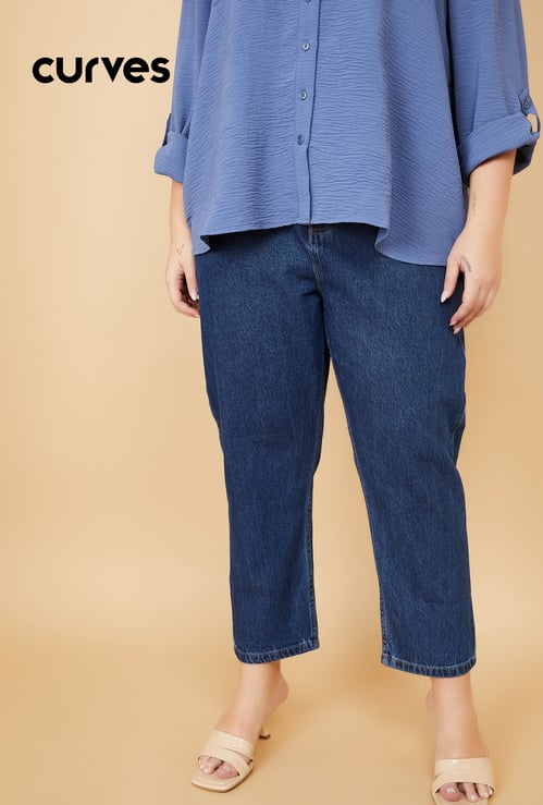 Women Washed High Rise Mom Fit Jeans