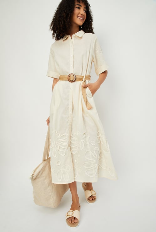 Women Embroidered Belted Shirt Dress