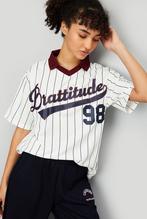 Women Striped Oversized Sports Polo T-shirt