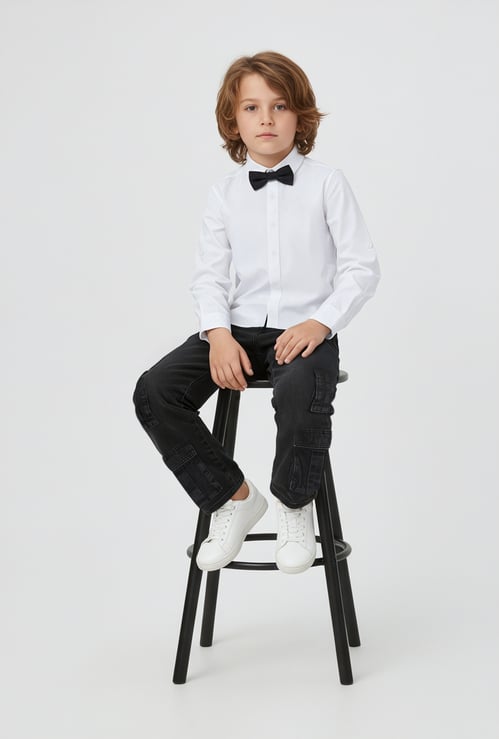 Boys Solid Oversized Shirt with Bow