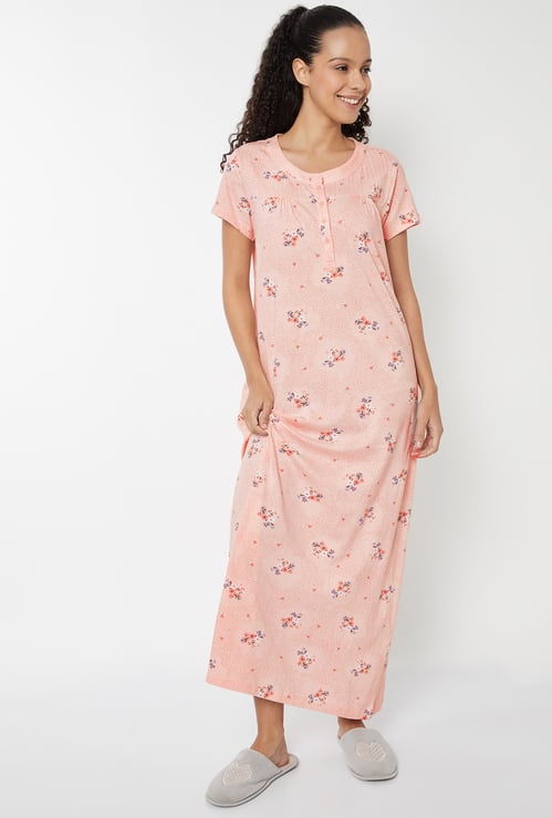 Women Floral Print Maxi Night Gown