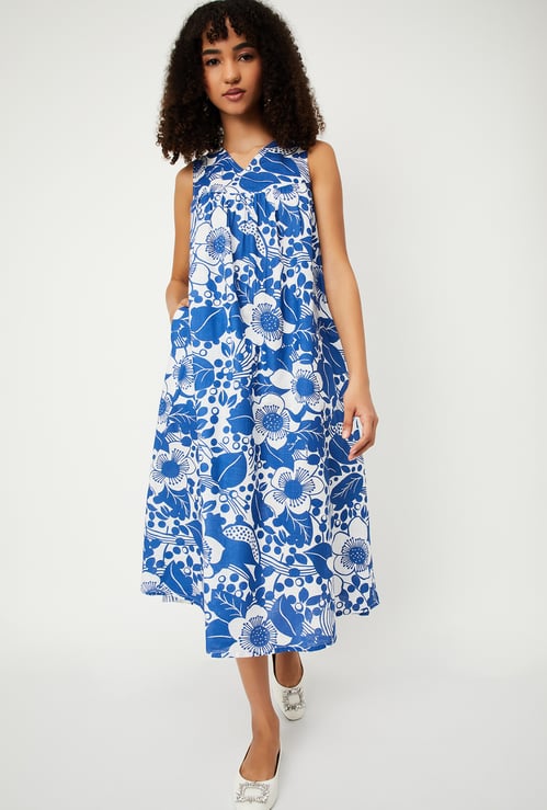 Women Floral Print A-line Midi Dress