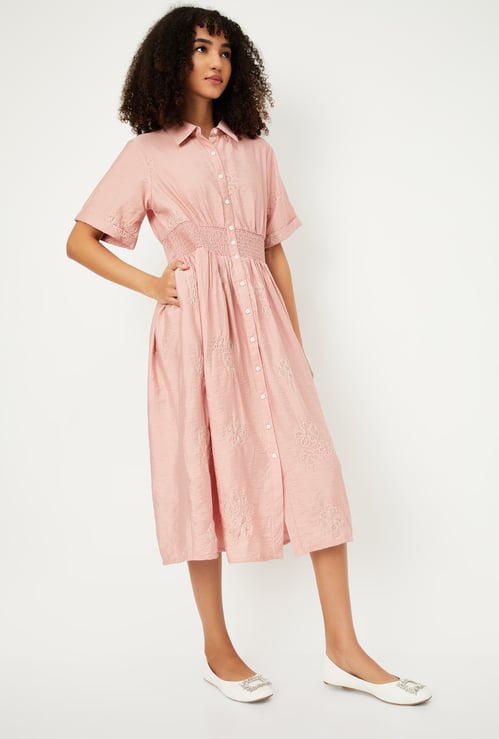Women Solid Smocked Midi Dress