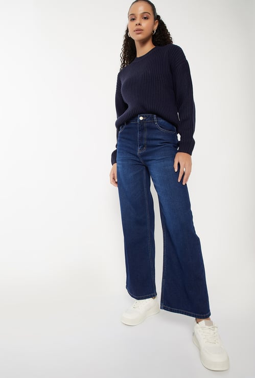Women Washed High Rise Wide Leg Jeans