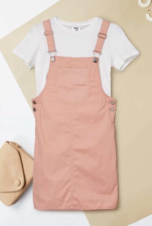 Girls Solid Pinafore Dress with T-shirt