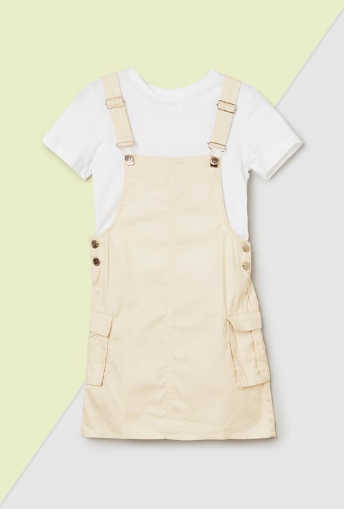 Girls Solid Pinafore Dress with T-shirt
